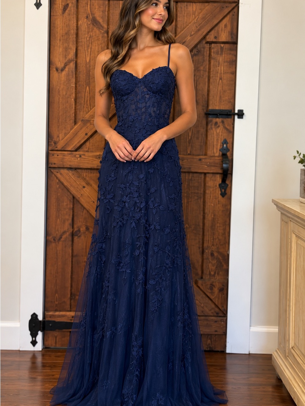 Navy Blue Floral Lace Spaghetti Strap Dress
